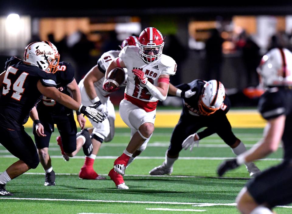 Jim Ned running back Brayden Shipman finds a hole in the Pilot Point defense during Friday's Class 3A Div. 1 playoff game in Dublin Nov. 11, 2022.  Final score 41-0, Jim Ned.