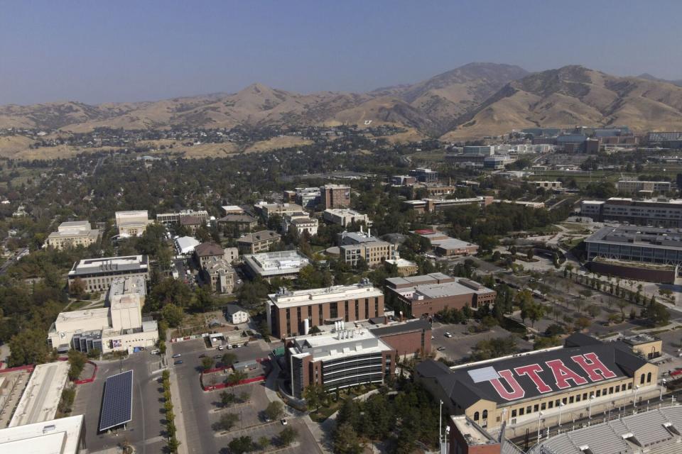 An aerial view shows the campus at the University of Utah.