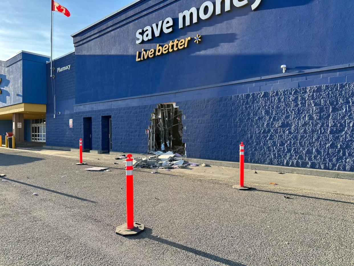 Police say a vehicle crashed into the Prince George, B.C. Walmart at around 2:30 a.m. on April 19. (Catherine Hansen/CBC - image credit)