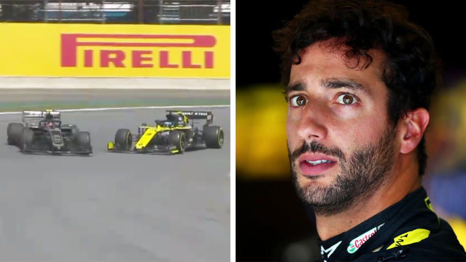 Daniel Ricciardo was slammed after colliding with Kevin Magnussen at the Brazilian GP. (Images: Fox Sports/Getty Images)