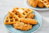 <p>Crunchy pork-rind coated chicken tenders top gluten-free waffles made of cheesy eggs in these crazy delicious low-carb <a href="https://www.delish.com/cooking/recipe-ideas/a26754247/chicken-and-waffles-recipe/" rel="nofollow noopener" target="_blank" data-ylk="slk:chicken and waffles;elm:context_link;itc:0;sec:content-canvas" class="link ">chicken and waffles</a>.</p><p>Get the <strong><a href="https://www.delish.com/cooking/nutrition/a29359093/keto-chicken-and-waffles-recipe/" rel="nofollow noopener" target="_blank" data-ylk="slk:Keto Crispy Chicken & Waffles recipe;elm:context_link;itc:0;sec:content-canvas" class="link ">Keto Crispy Chicken & Waffles recipe</a></strong>. </p>