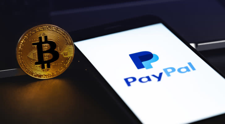 Paypal logo next to Bitcoin logo