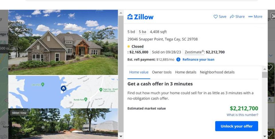 A Tega Cay home on Snapper Point sold last year for almost $2.2 million. Zillow screengrab