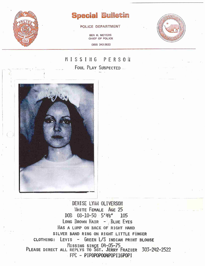 A missing person bulletin for Denise Oliverson, a victim of Ted Bundy who went missing in April 1975 from Grand Junction, Colo.