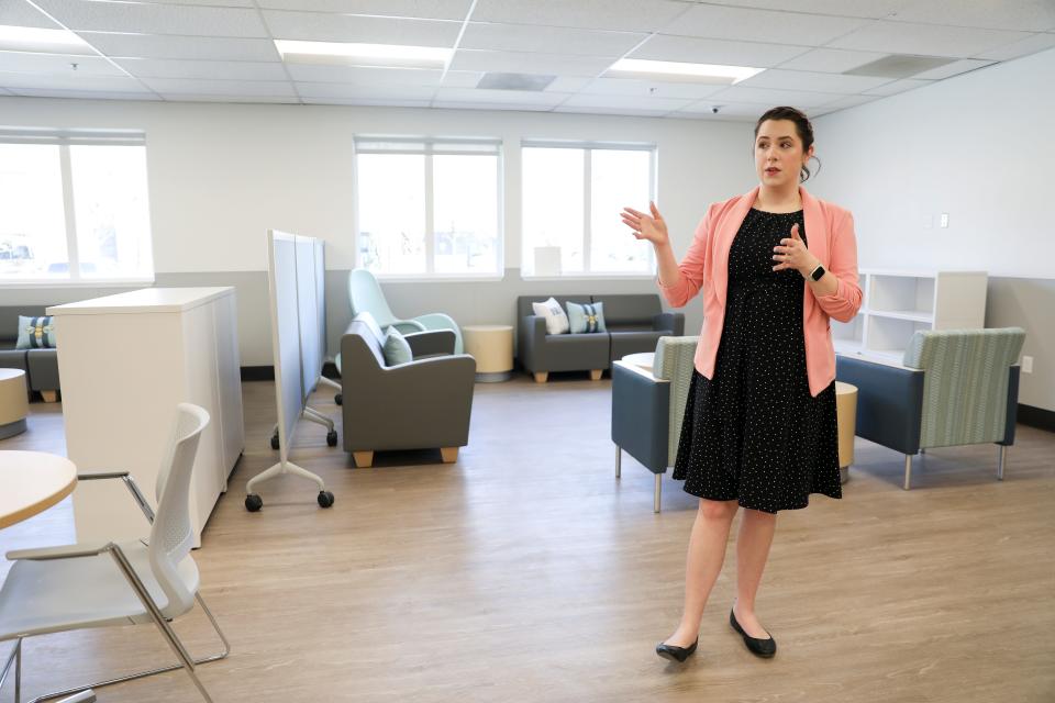 Ashley Hamilton, Mid-Willamette Valley Community Action Agency chief program officer of housing and homelessness, gives a tour of Salem's first navigation center.