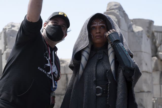 <p>Suzanne Tenner/Lucasfilm</p> Dave Filoni and Rosario Dawson on the set of 'Ahsoka'