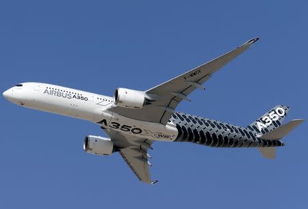 An Airbus A350 performs a flypast during the Dubai Airshow November 8, 2015. REUTERS/Ahmed Jadallah