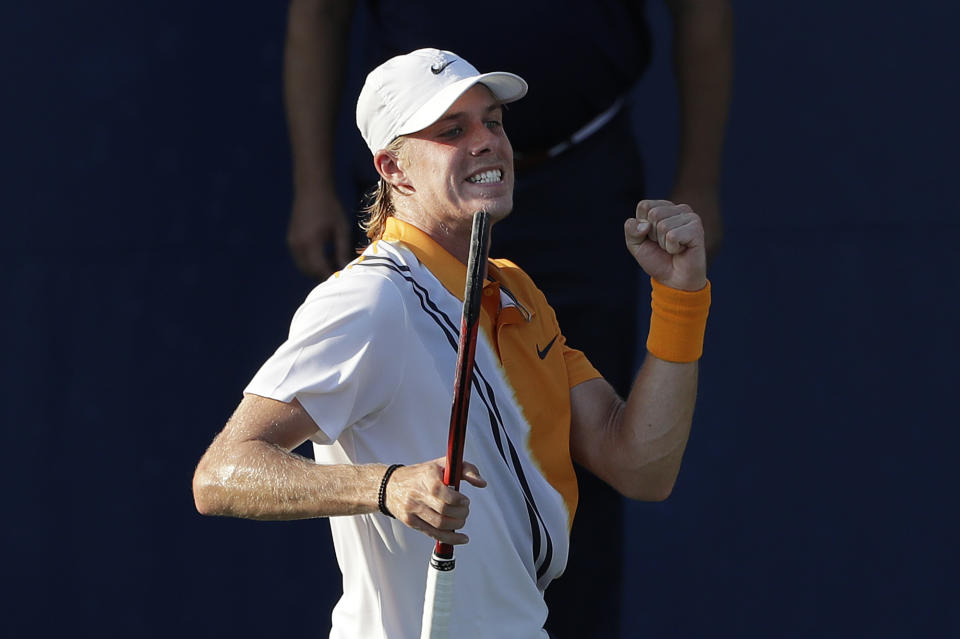 Denis Shapovalov, of Canada, reacts after winning a point against Andreas Seppi, of Italy, during the second round of the U.S. Open tennis tournament Wednesday, Aug. 29, 2018, in New York. (AP Photo/Jason DeCrow)