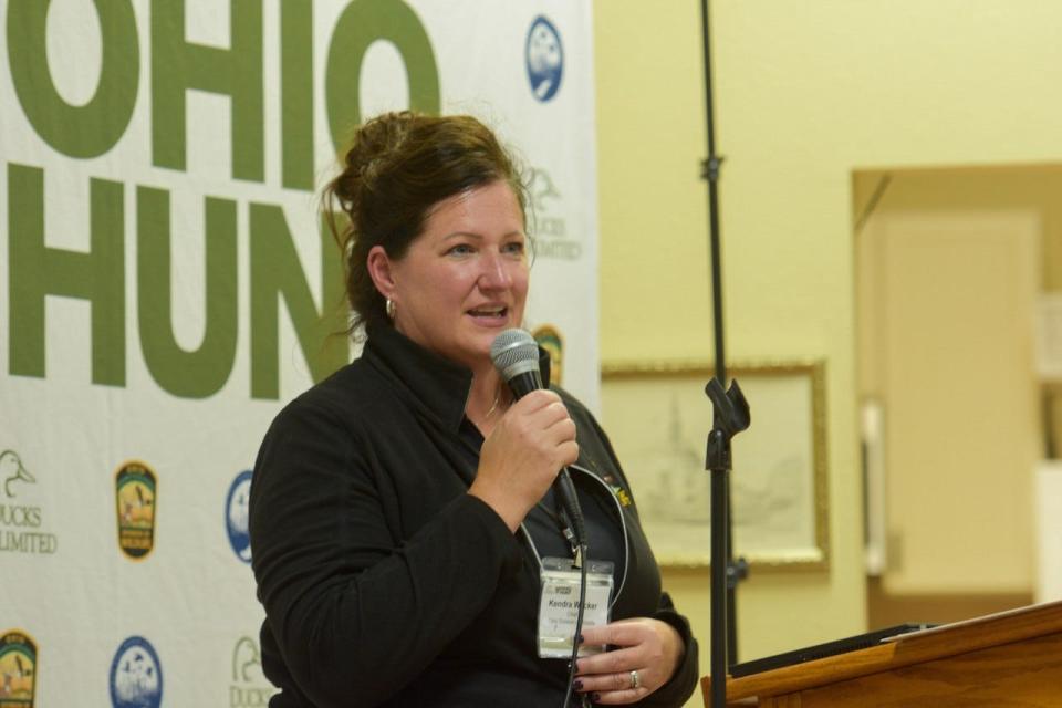 Kendra Wecker, chief of Ohio's Division of Wildlife, speaks at a fish fry held as part of the Ohio Partnership Hunt at Denny Bergman Knights of Columbus in Port Clinton on Wednesday.