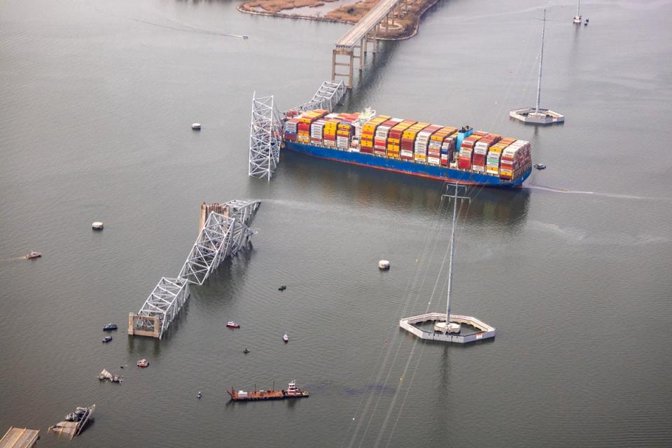 In an aerial view, cargo ship Dali is seen after running into and collapsing the Francis Scott Key Bridg (Getty Images)