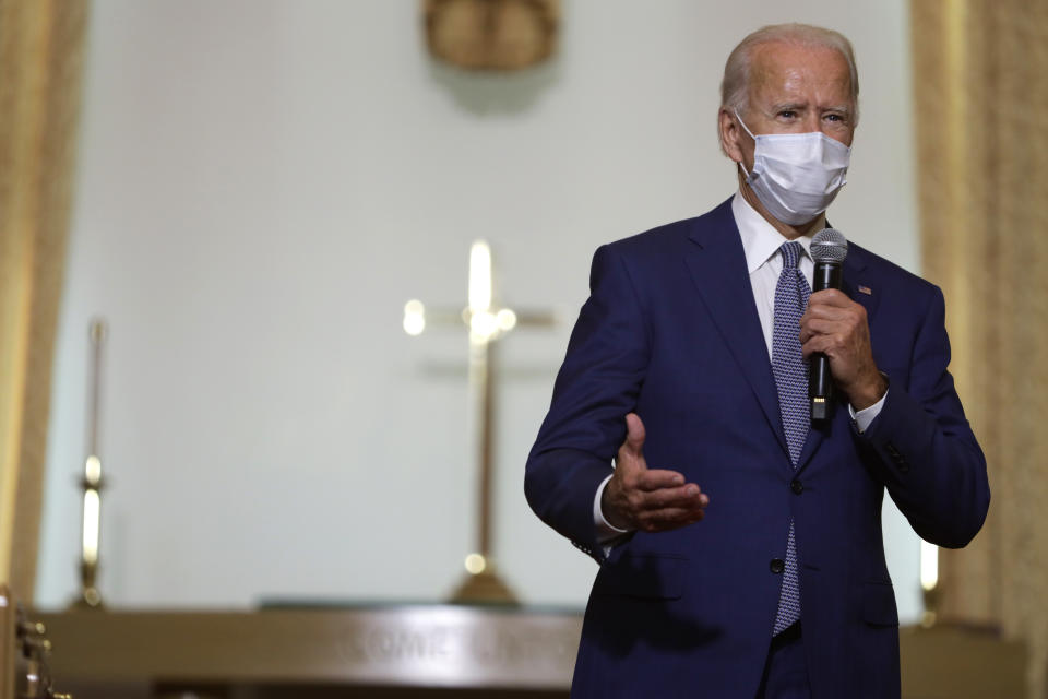 KENOSHA, WISCONSIN - SEPTEMBER 03:  Democratic presidential nominee Joe Biden speaks during a meeting with members of the community at Grace Lutheran Church on September 3, 2020 in Kenosha, Wisconsin. Biden met with family members of Jacob Blake earlier in the day and said Blake joined the meeting by phone from his hospital bed. Blake, a 29-year-old Black man, was shot multiple times in the back by Kenosha, Wisconsin police officers and left paralyzed, igniting racial tensions across the U.S. (Photo by Alex Wong/Getty Images)