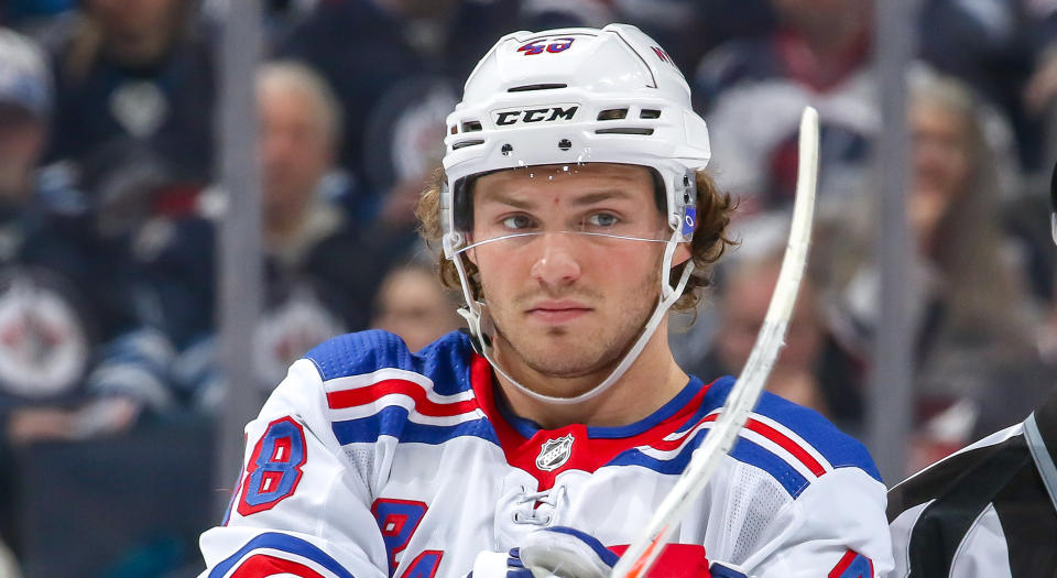 A known ruffler of feathers, Brendan Lemieux of the New York Rangers got a couple claps in following his team's 5-2 victory in Raleigh. (Photo by Jonathan Kozub/NHLI via Getty Images)