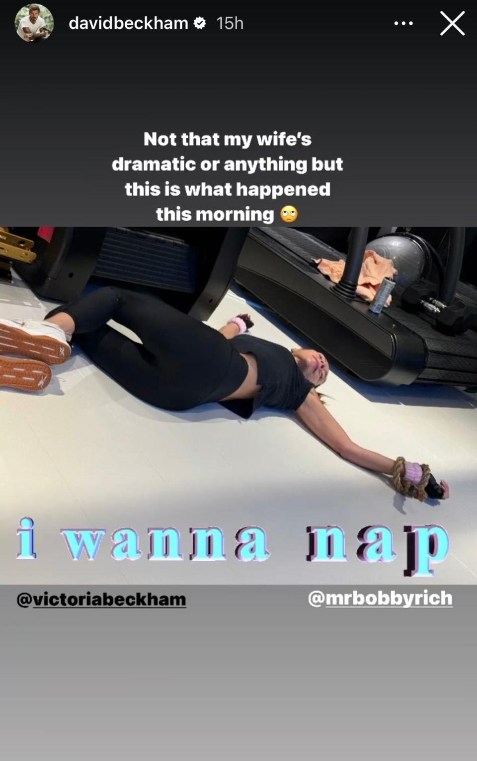 Victoria Beckham lying on the floor in David Beckham's Instagram.