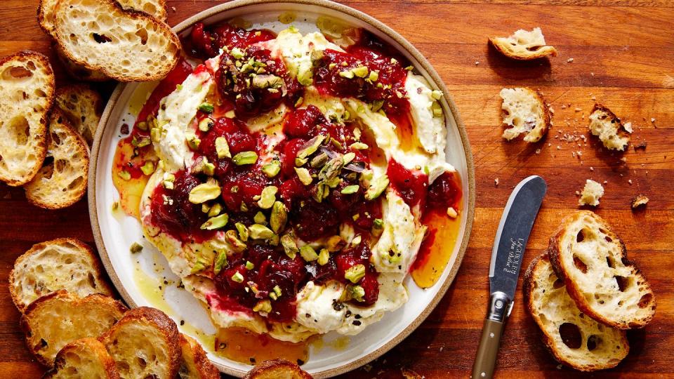 whipped garlic and herb feta, topped with fresh cranberry sauce, pistachios, and honey