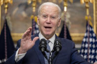 President Joe Biden speaks about the banking system in the Roosevelt Room of the White House in Washington, Monday, March 13, 2023. (AP Photo/Andrew Harnik)