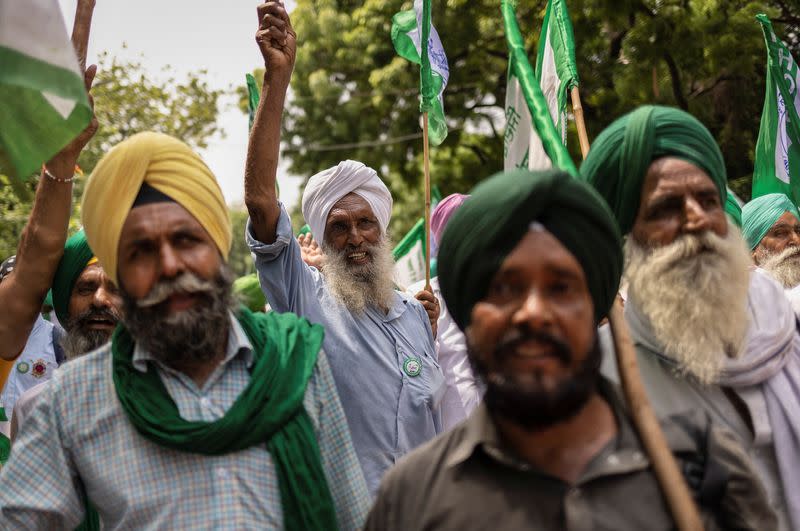 Farmers attend a Maha Panchayat or grand village council meeting as part of a farmers' protest in New Delhi