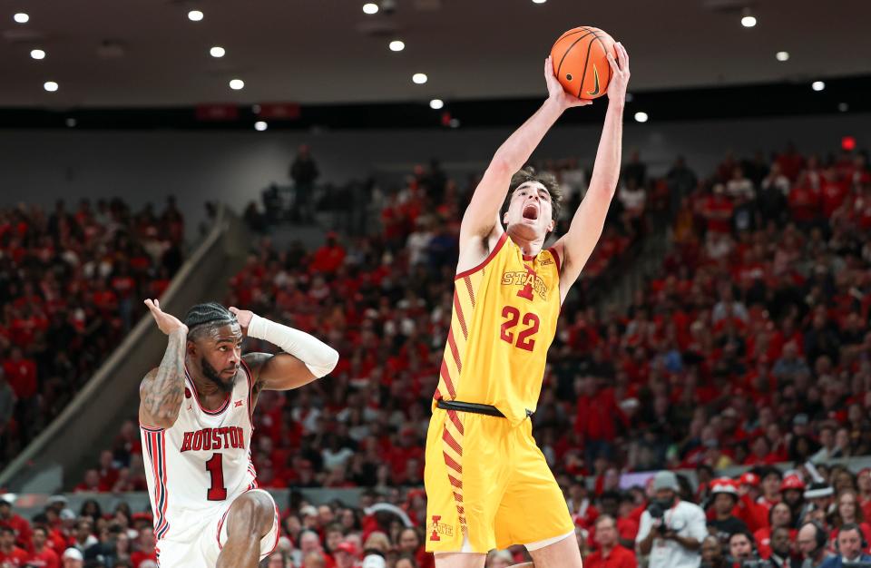 Iowa State forward Milan Momcilovic (22) shoots the ball during a game against Houston during the 2023-24 season. The Cougars are only slated to take on the Cyclones once in the regualr season, but it should be a tight matchup.