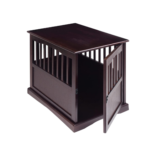 dark wood pet crate against white background