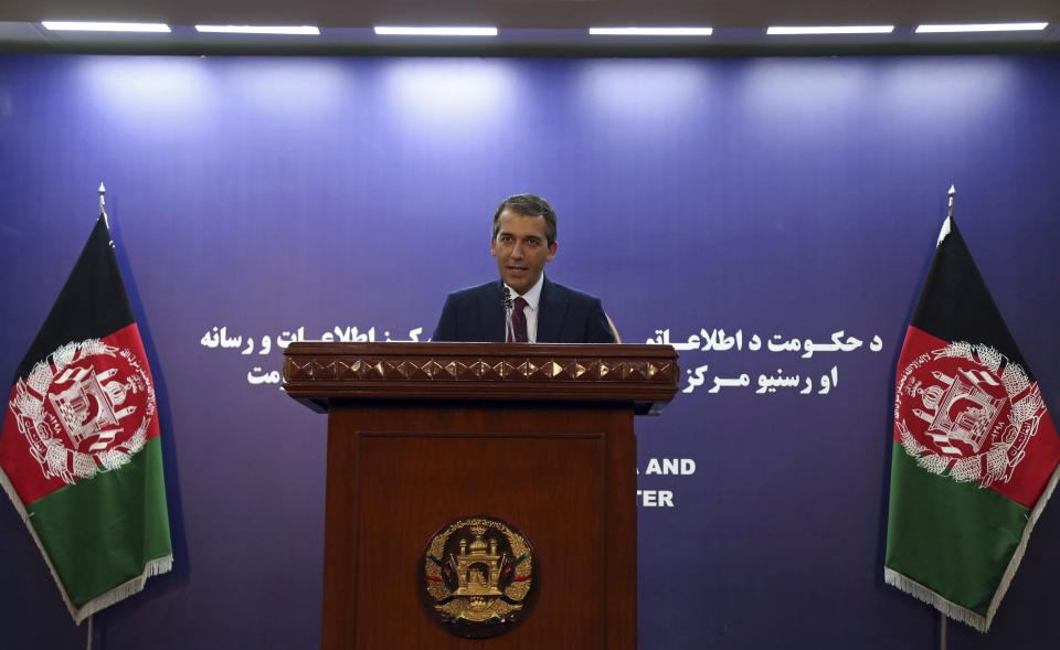 Presidential spokesman Sediq Seddiqi speaks during a press conference in Kabul, Afghanistan, Monday, Sept. 2, 2019. A U.S. envoy showed the draft of a U.S.-Taliban agreement to Afghan leaders on Monday after declaring they were “at the threshold” of a deal to end America’s longest war, officials said. Seddiqi told reporters the Afghan government likely would take a “couple of days” to study the deal. (AP Photo/Rahmat Gul)