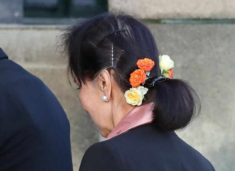 Myanmar's leader Aung San Suu Kyi arrives at the International Court of Justice in The Hague