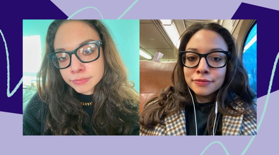The photo on the left is from one of my frizzy-hair days. On the right&nbsp;is me in the morning, after using the Revlon brush the night before. If my hair can survive the journey of NJ Transit and the New York subway system, it can survive anything. (Photo: Ambar Pardilla / HuffPost)