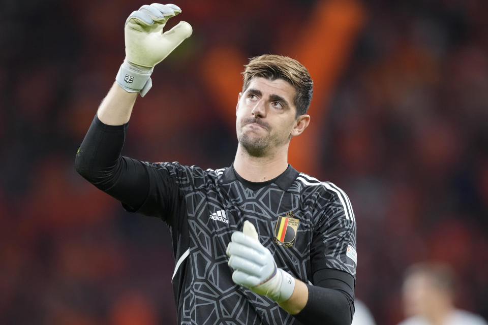 Belgium goalkeeper Thibaut Courtois during the UEFA Nations League soccer match between the Netherlands and Belgium at the Johan Cruyff ArenA in Amsterdam, Netherlands, Sunday, Sept. 25, 2022. (AP Photo/Peter Dejong)