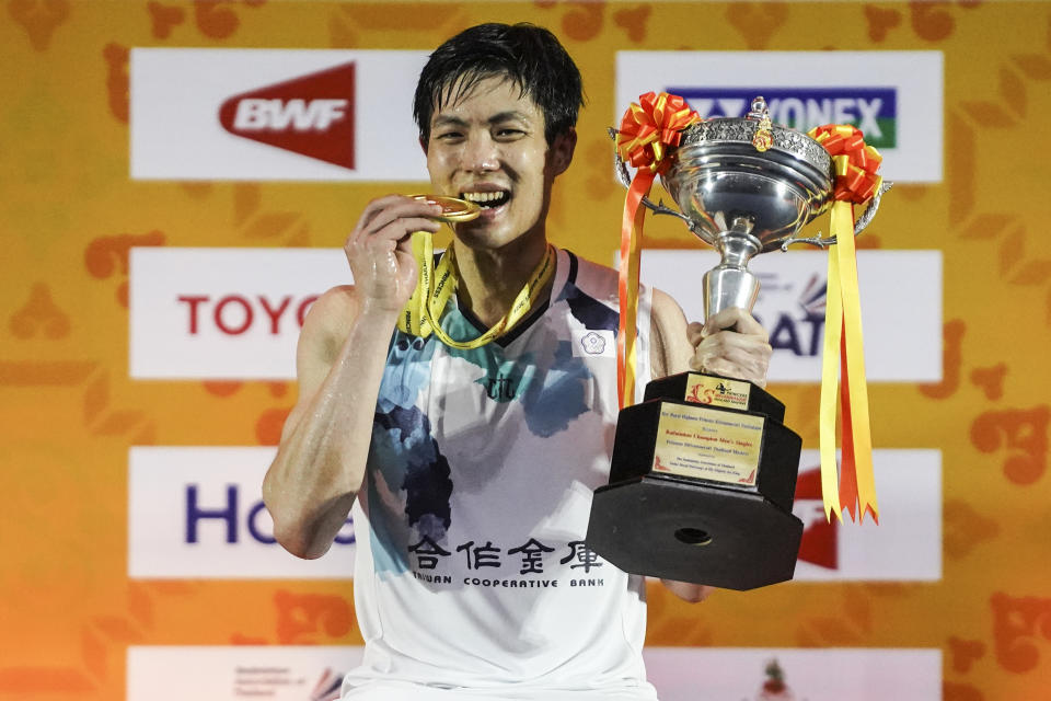 Taiwan's Chou Tien Chen is standing on the podium with his gold medal after defeating Singapore's Loh Kean Yew in the men's singles final match at the Badminton Princess Sirivannavari Thailand Masters 2024 in Bangkok, Thailand, on February 4, 2024. (Photo by Anusak Laowilas/NurPhoto via Getty Images)