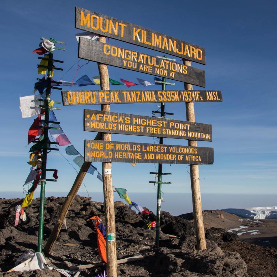 Signs at the summit of Mount Kilimanjaro