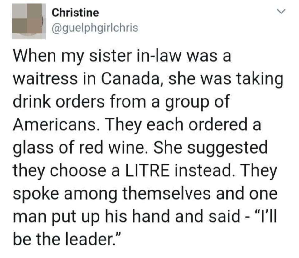 Tweet: "When my sister in-law was a waitress in Canada, she was taking drink orders from a group of Americans who each ordered a glass of red wine; she suggested they choose a LITRE instead, so one man raised his hand and said 'I’ll be the leader'”