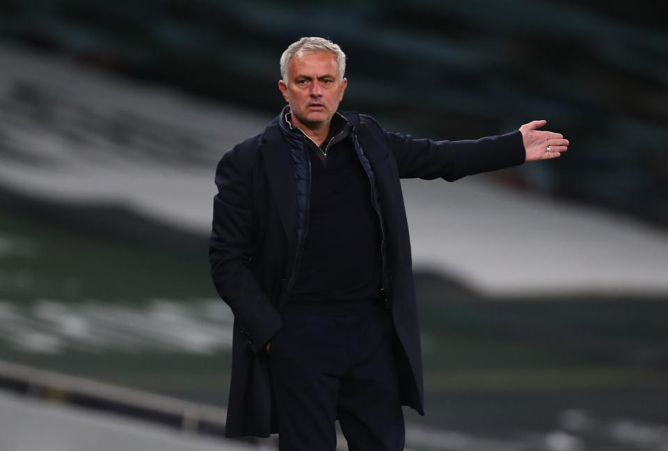 LONDON, ENGLAND - OCTOBER 01: Jose Mourinho, Manager of Tottenham Hotspur reacts during the UEFA Europa League play-off match between Tottenham Hotspur and Maccabi Haifa at Tottenham Hotspur Stadium on October 01, 2020 in London, England. Football Stadiums around Europe remain empty due to the Coronavirus Pandemic as Government social distancing laws prohibit fans inside venues resulting in fixtures being played behind closed doors. (Photo by Clive Rose/Getty Images)