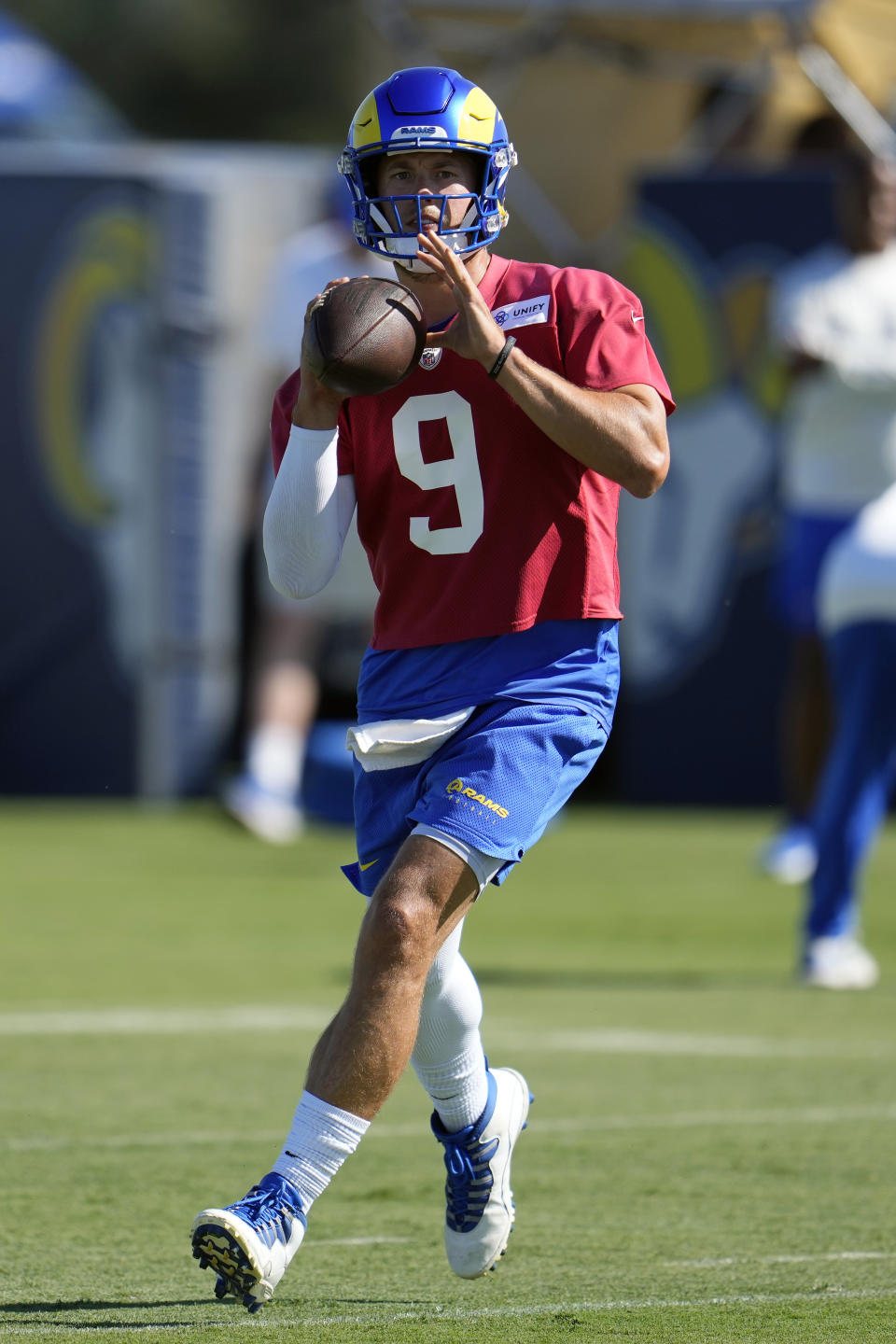 Los Angeles Rams quarterback Matthew Stafford prepares to pass during the NFL football team's training camp Wednesday, July 26, 2023, in Irvine, Calif. (AP Photo/Marcio Jose Sanchez)