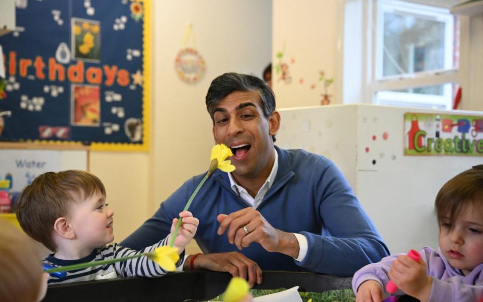 Rishi Sunak, the Prime Minister, is pictured today during a visit to Aldersyde Day Nursery in Hartlepool