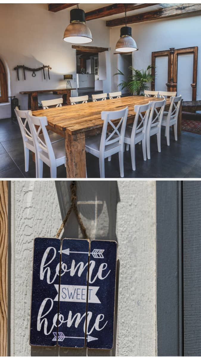 Top image: Rustic framhouse dining room with a long wooden table and white chairs, wooden beams, pendant lights, and various décor on walls; bottom image: "Home Sweet Home" sign hanging on a wall