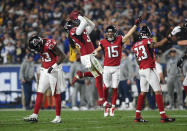 <p>Atlanta Falcons (36) Kemal Ishmael (S) celebrates after recovering a Rams fumble for a turnover during the NFC Wild Card football game between the Atlanta Falcons and the Los Angeles Rams on January 06, 2018 at the Los Angeles Memorial Coliseum in Los Angeles, CA. (Photo by Chris Williams/Icon Sportswire via Getty Images) </p>