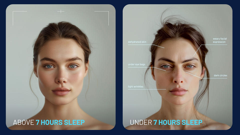 Two AI-generated images showing how a woman looks after getting seven hours sleep (left) and how the same woman looks after getting less than seven hours sleep (right)