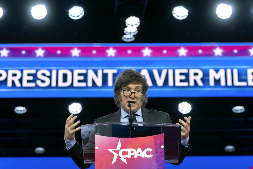 Argentina's President Javier Milei speaks during the Conservative Political Action Conference, CPAC 2024, at the National Harbor, in Oxon Hill, Md., Saturday, Feb. 24, 2024. (AP Photo/Jose Luis Magana)