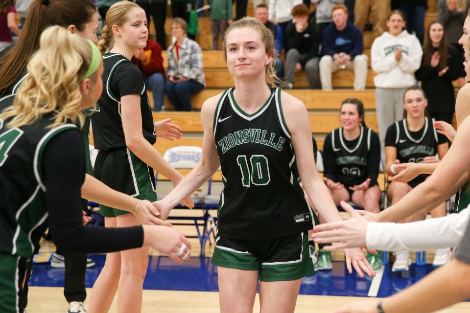Zionsville Allie Caldwell (10) is introduced as Zionsville takes on Hamilton Southeastern High School in the S8 IHSAA Class 4A Girls Basketball State Semi-finals; Feb 2, 2024; Fishers, IN, USA; at Hamilton Southeastern High School.