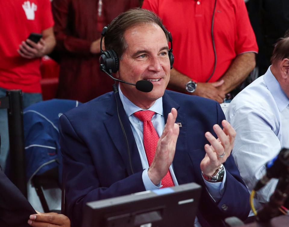 Mar 8, 2020; Houston, Texas, USA; Broadcaster Jim Nantz applauds after a game between the Houston Cougars and the Memphis Tigers at Fertitta Center. Mandatory Credit: Troy Taormina-USA TODAY Sports