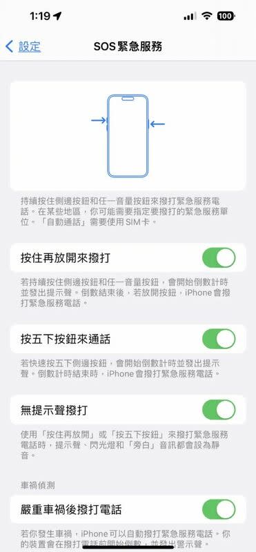 iPhone還能進階設定「連續按五下電源鍵後直接發出警示聲」，藉此讓周圍的人發現並提供協助。   圖：馬華鄖／攝