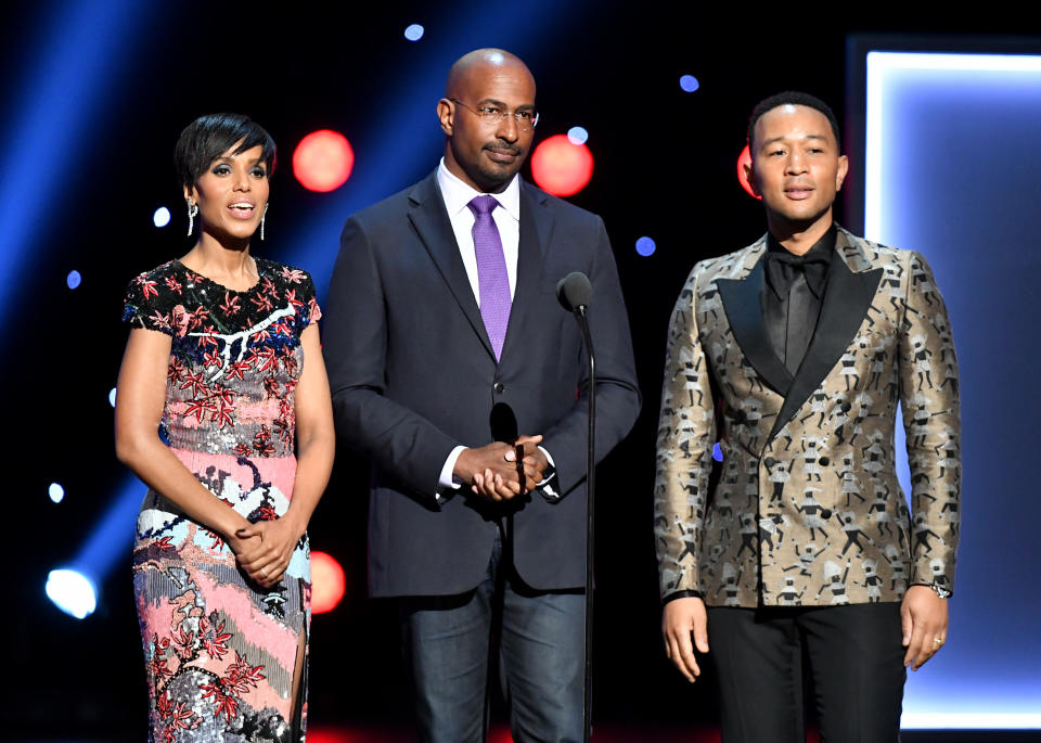 HOLLYWOOD, CALIFORNIA - MARCH 30: (L-R) Kerry Washington, Van Jones, and John Legend speak onstage at the 50th NAACP Image Awards at Dolby Theatre on March 30, 2019 in Hollywood, California. (Photo by Earl Gibson III/Getty Images for NAACP)