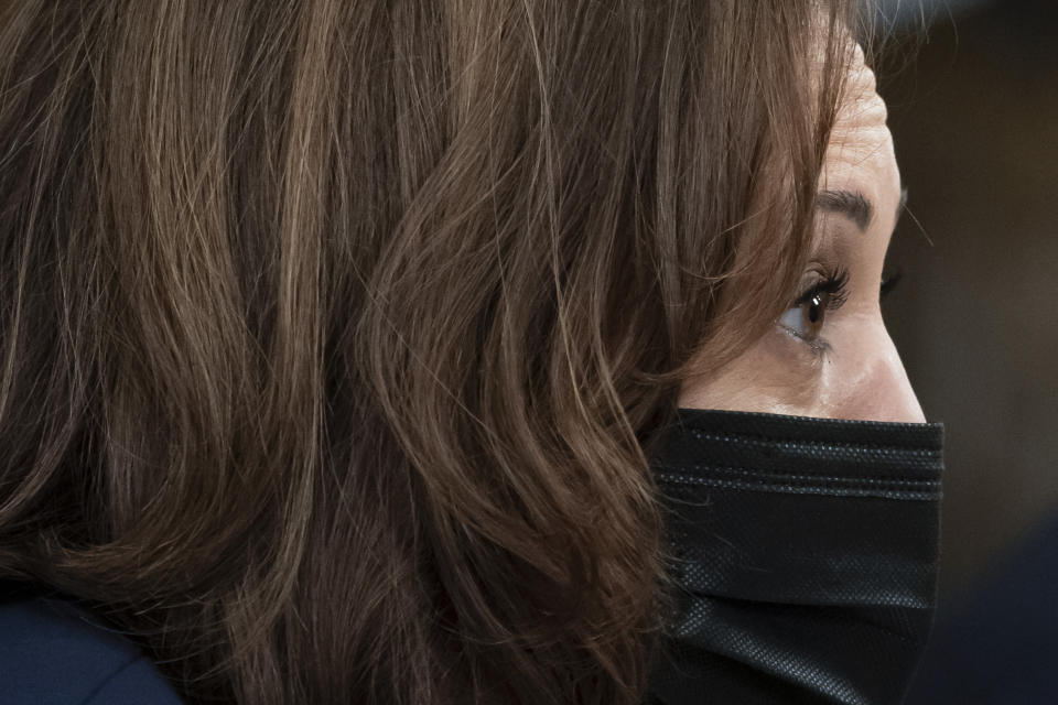 Vice President Kamala Harris, left, speaks before a meeting with Mexican President Andres Manuel Lopez Obrador, in her office at the Eisenhower Executive Office Building on the White House complex, Thursday, Nov. 18, 2021, in Washington. (AP Photo/Alex Brandon)