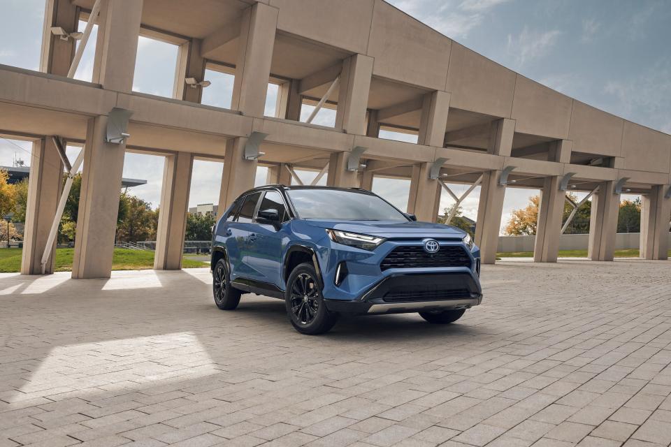 This photo provided by Toyota shows the 2024 RAV4 Hybrid. The hybrid version of the RAV4 gets up to an estimated 39 mpg combined and is quicker than a regular RAV4. (Courtesy of Toyota Motor Sales U.S.A. via AP)
