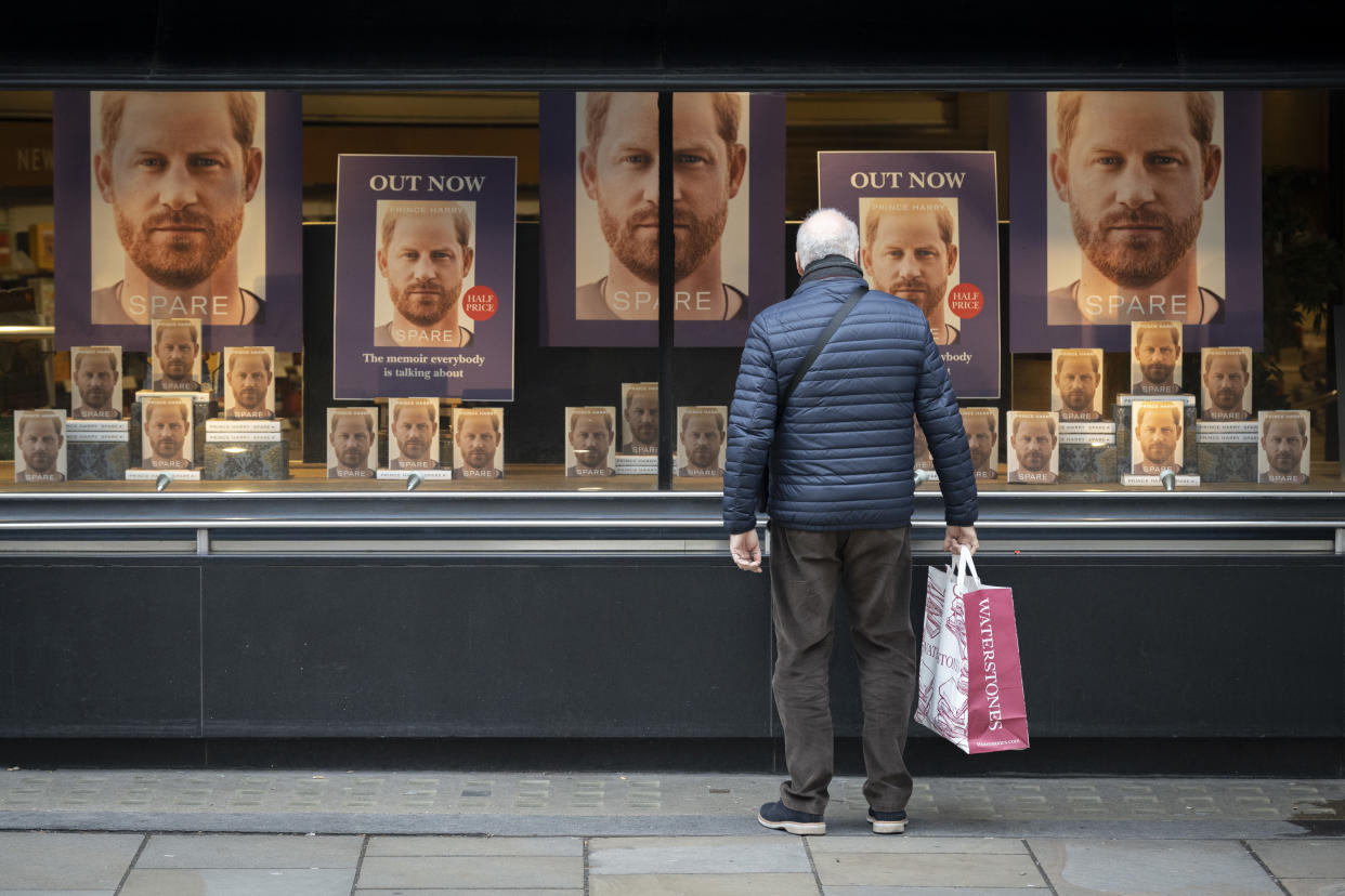 A week after Prince Harry, the Duke of Sussex's book entitled 'Spare' was published in the UK, hardback copies are dislayed in the Waterstones bookstore on Piccadilly, on 16th January 2023, in London, England. The royal tell-tale memoir has become the fastest-selling non-fiction title in UK publishing history with 400,000 hardback copies selling on its first day. (Photo by Richard Baker / In Pictures via Getty Images)