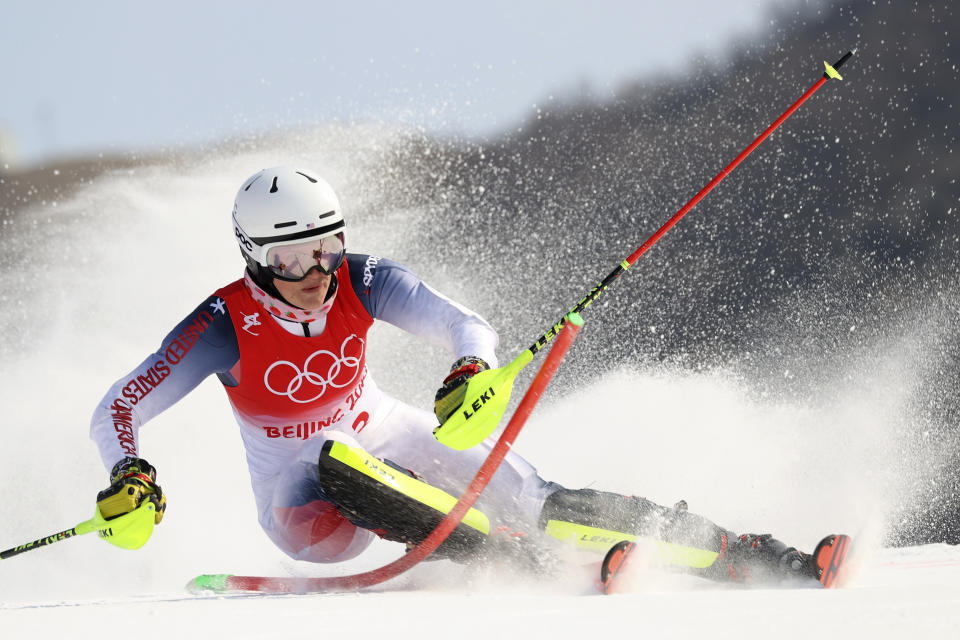 FILE - Paula Moltzan, of the United States, competes in the first run of the women's slalom at the 2022 Winter Olympics, Wednesday, Feb. 9, 2022, in the Yanqing district of Beijing. When Paula Moltzan finished second behind Mikaela Shiffrin for the U.S. ski team’s first 1-2 finish in a women’s World Cup slalom in more than half a century recently, it was easy to assume that her more successful teammate was her main inspiration. (AP Photo/Alessandro Trovati, File)