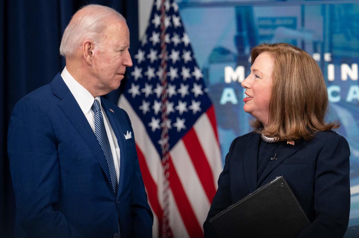 US President Joe Biden (L) speaks with Siemens USA CEO Barbara Humpton during an event on Biden's Made in America commitments at the White House complex in Washington, DC, on March 4, 2022. (Photo by Jim WATSON / AFP) (Photo by JIM WATSON/AFP via Getty Images)