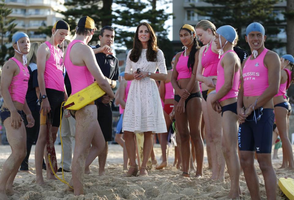 Catherine, the Duchess of Cambridge, talks to junior surf lifesavers during a visit to Sydney's Manly beach