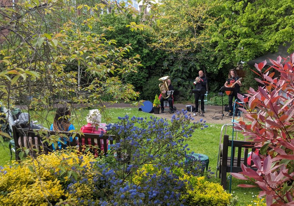 Albert’s Band performed to residents in the garden at Compton Lodge care home in Swiss Cottage, north-west London (Compton Lodge/Central & Cecil/PA)