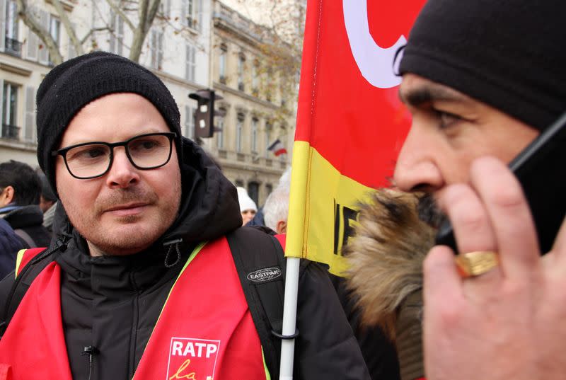 Paris transport network (RATP) metro driver Yannick Stec is seen during a demonstration against French government's pensions reform plans in Paris