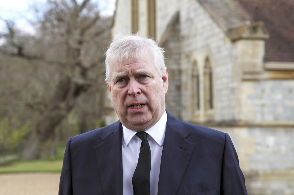FILE - In this Sunday, April 11, 2021 file photo, Britain's Prince Andrew speaks during a television interview at the Royal Chapel of All Saints at Royal Lodge, Windsor, England. British police said Sunday, Oct. 10, 2021 that they will not be taking any further action against Prince Andrew after a review prompted by a Jeffrey Epstein accuser who claims that he sexually assaulted her. (Steve Parsons/Pool Photo via AP, File)
