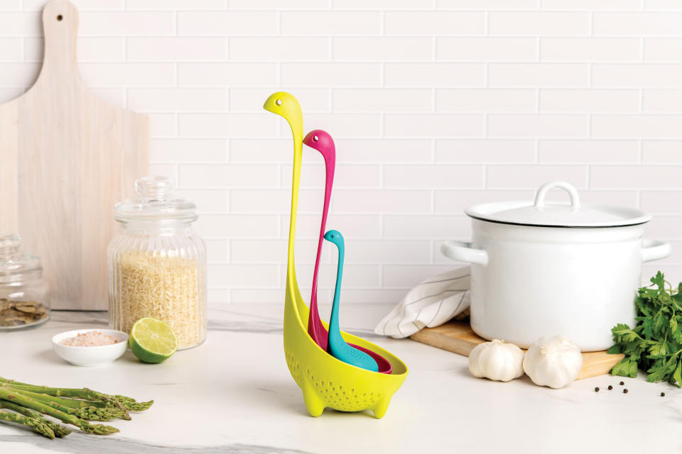 This product image shows a kitchen colander, soup ladle and tea infuser in the shape of the Loch Ness Monster. Kitchen gadgets abound for holiday gifts. (Ototo via AP)